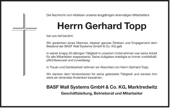 Traueranzeige von Gerhard Topp von Der Bote