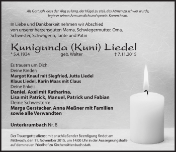 Traueranzeige von Kunigunda Liedel von Hersbrucker Zeitung