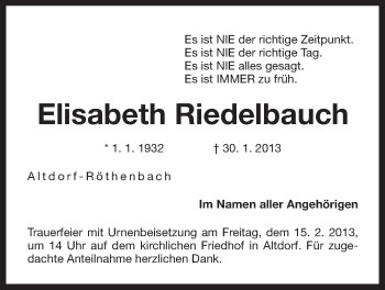 Traueranzeige von Elisabeth Riedelbauch von Der Bote