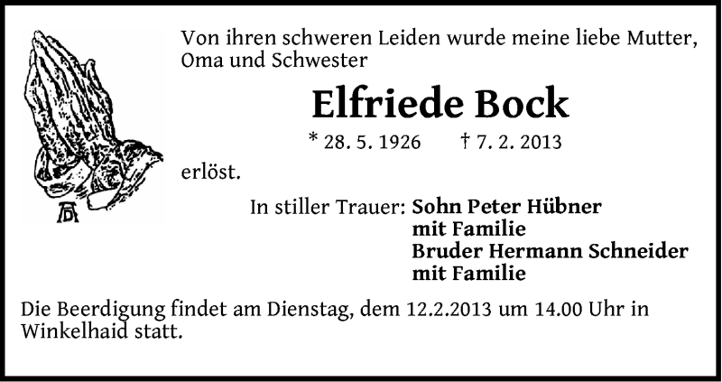  Traueranzeige für Elfriede Bock vom 09.02.2013 aus Der Bote