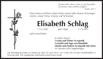 Traueranzeige von Elisabeth Schlag von Pegnitz-Zeitung