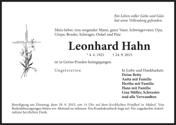 Traueranzeige von Leonhard Hahn von Der Bote