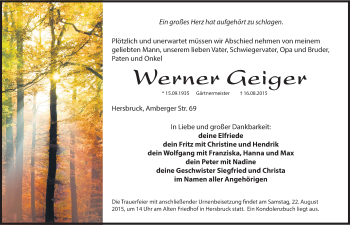 Traueranzeige von Werner Geiger von Hersbrucker Zeitung