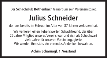 Traueranzeige von Julius Schneider von Pegnitz-Zeitung