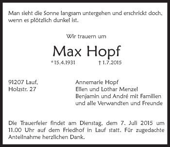 Traueranzeige von Max Hopf von Pegnitz-Zeitung