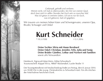 Traueranzeige von Kurt Schneider von Pegnitz-Zeitung