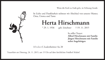 Traueranzeige von Herta Hirschmann von Der Bote