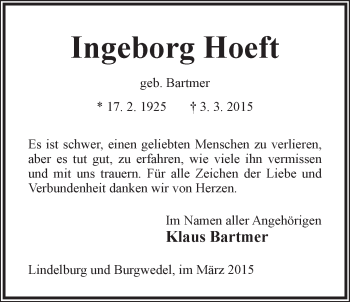Traueranzeige von Ingeborg Hoeft von Der Bote