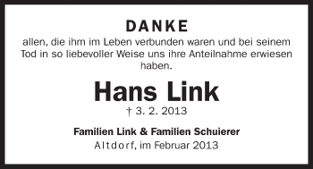 Traueranzeige von Hans Link von Der Bote