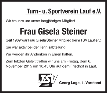 Traueranzeige von Gisela Steiner von Pegnitz-Zeitung