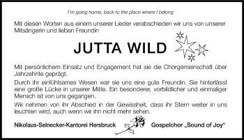 Traueranzeige von Jutta Wild von Hersbrucker Zeitung