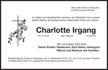 Traueranzeige von Charlotte Irgang von Pegnitz-Zeitung