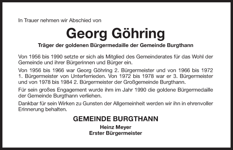  Traueranzeige für Georg Göhring vom 19.02.2013 aus Der Bote