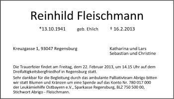 Traueranzeige von Reinhild Fleischmann von Der Bote