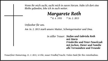 Traueranzeige von Margarete Roth von Der Bote