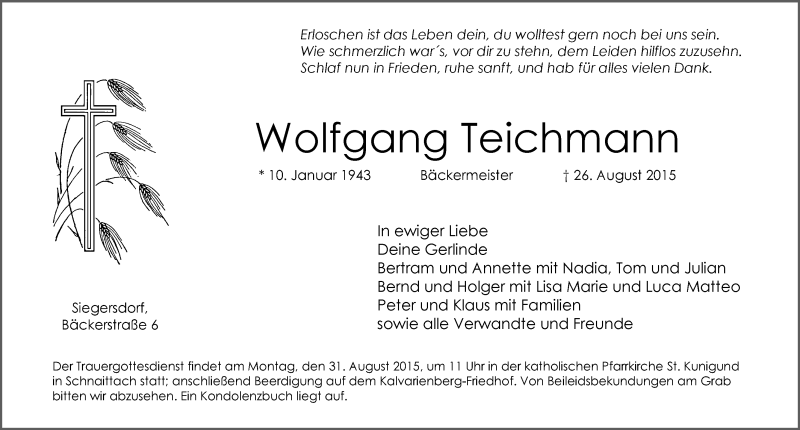  Traueranzeige für Wolfgang Teichmann vom 28.08.2015 aus Pegnitz-Zeitung