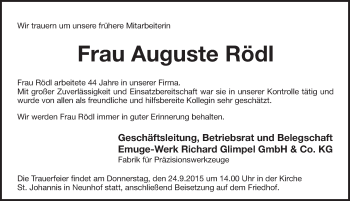 Traueranzeige von Auguste Rödl von Pegnitz-Zeitung