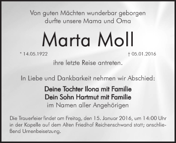 Traueranzeige von Marta Moll von Hersbrucker Zeitung