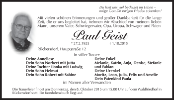 Traueranzeige von Paul Geist von Pegnitz-Zeitung