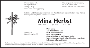 Traueranzeige von Mina Herbst von Pegnitz-Zeitung