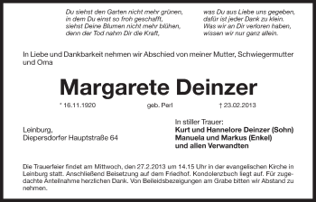 Traueranzeige von Margarete Deinzer von Der Bote