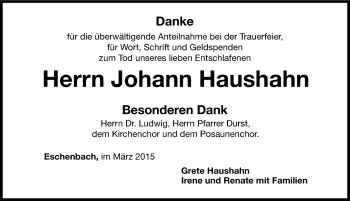Traueranzeige von Johann Haushahn von Hersbrucker Zeitung