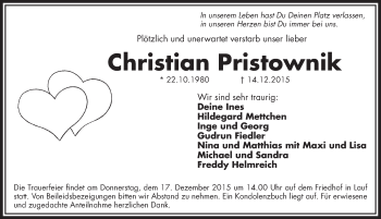 Traueranzeige von Christian Pristownik von Pegnitz-Zeitung