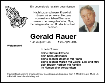 Traueranzeige von Gerald Rauer von Hersbrucker Zeitung