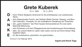 Traueranzeige von Grete Kuberek von Der Bote
