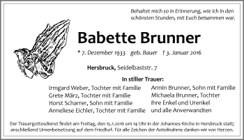 Traueranzeige von Babette Brunner von Hersbrucker Zeitung