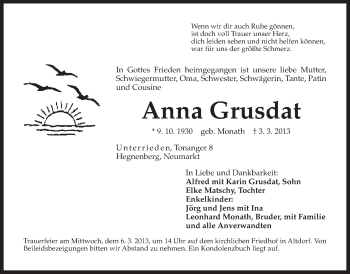 Traueranzeige von Anna Grusdat von Der Bote