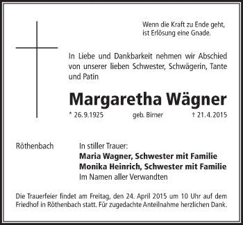 Traueranzeige von Margaretha Wägner von Pegnitz-Zeitung