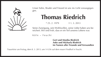 Traueranzeige von Thomas Riedrich von Der Bote