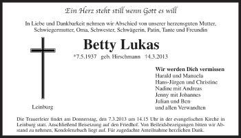 Traueranzeige von Betty Lukas von Der Bote