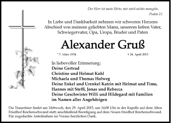 Traueranzeige von Alexander Gruß von Hersbrucker Zeitung