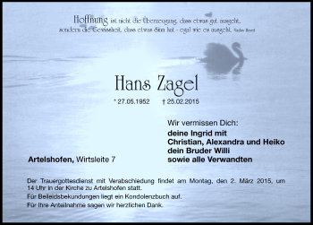 Traueranzeige von Hans Zagel von Hersbrucker Zeitung