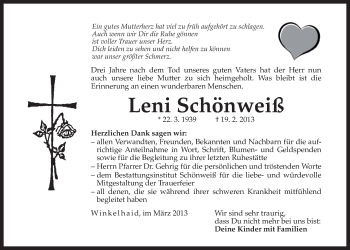 Traueranzeige von Leni Schönweiß von Der Bote