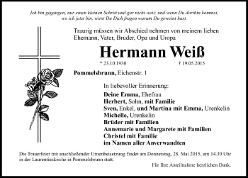 Traueranzeige von Hermann Weiß von Hersbrucker Zeitung