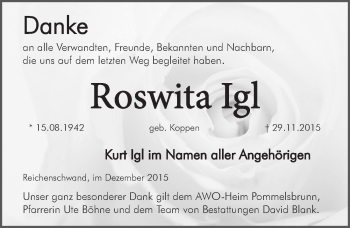 Traueranzeige von Roswita Igl von Hersbrucker Zeitung