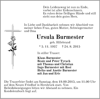 Traueranzeige von Ursula Burmester von Hersbrucker Zeitung