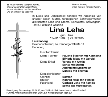 Traueranzeige von Linda Leha von Hersbrucker Zeitung