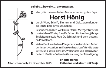 Traueranzeige von Horst Hönig von Hersbrucker Zeitung