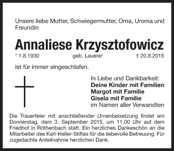 Traueranzeige von Annaliese Krzysztofowicz von Pegnitz-Zeitung