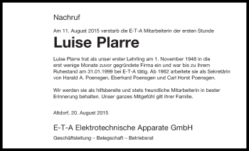 Traueranzeige von Luise Plarre von Der Bote