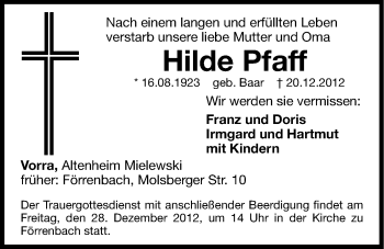 Traueranzeige von Hilde Pfaff von Hersbrucker Zeitung