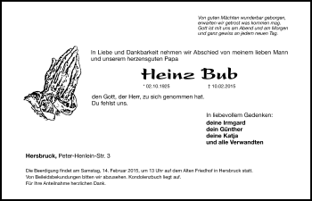 Traueranzeige von Heinz Bub von Hersbrucker Zeitung