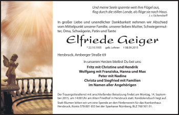 Traueranzeige von Elfriede Geiger von Hersbrucker Zeitung