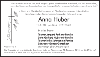 Traueranzeige von Anna Huber von Hersbrucker Zeitung