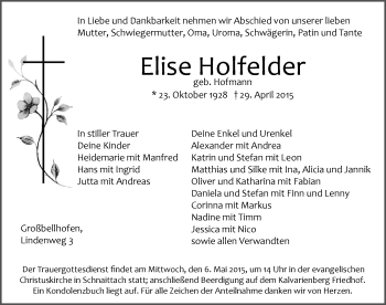 Traueranzeige von Elisabeth Holfelder von Pegnitz-Zeitung