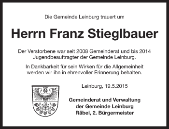Traueranzeige von Franz Stieglbauer von Pegnitz-Zeitung